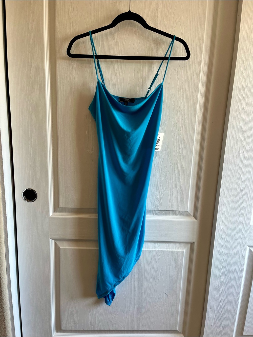 NWT Vibe Sportswear Aqua Blue Cowl Neck Asymmetrical Midi Dress Size M